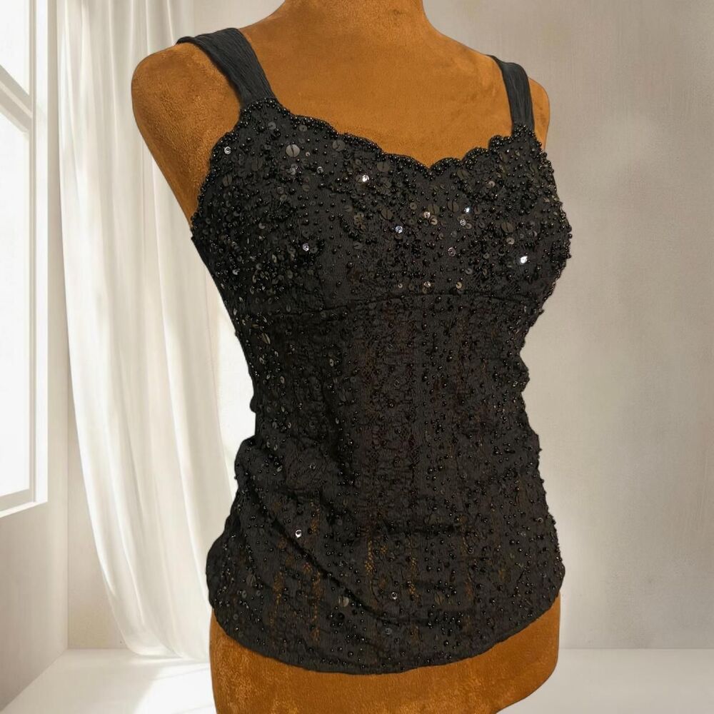 Y2K Glamour Holiday Feminine Black Sequins Beaded Tank Top with Lace Trim